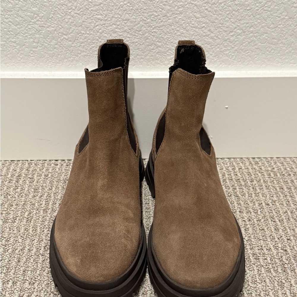 ZARA Lug Sole Suede Chelsea Ankle Boots Mens 12 Brown Leather Suede Chunky Soles - Picture 2 of 6